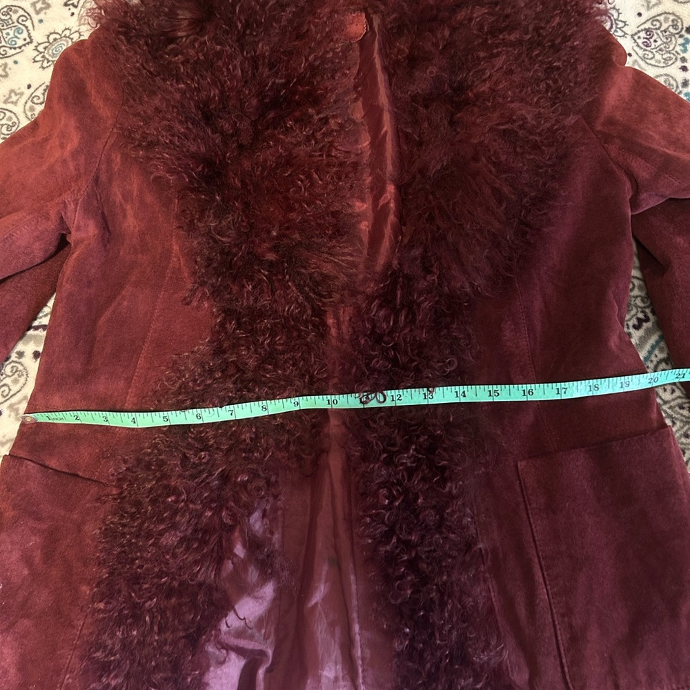 Vintage 90s burgundy mongolian fur suede penny lane coat jacket - Picture 5 of 6